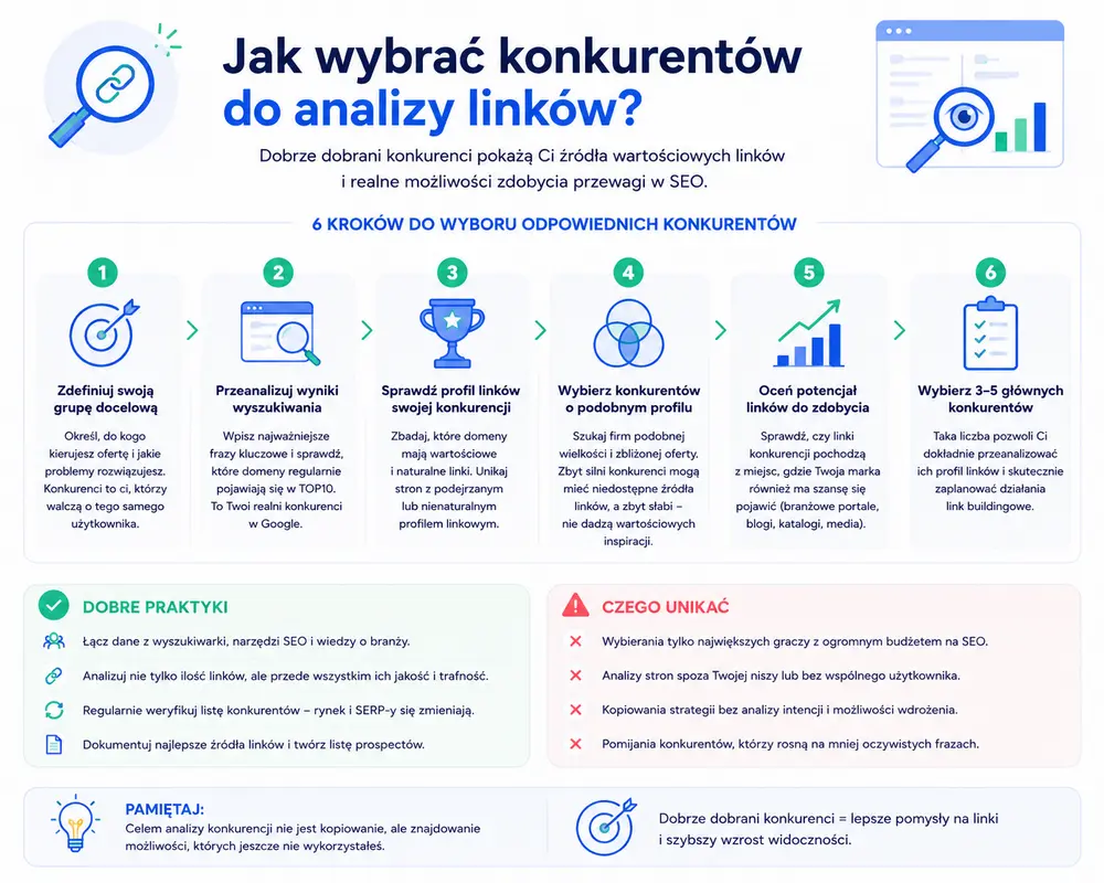 Infografika pokazująca, jak wybrać konkurentów do analizy linków w SEO, z sześcioma krokami wyboru domen, dobrymi praktykami i błędami, których warto unikać.