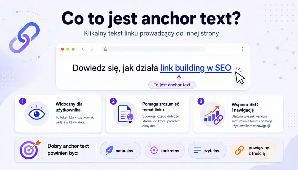 Infografika wyjaśniająca, co to jest anchor text, z przykładem klikalnego tekstu linku oraz zasadami tworzenia naturalnych anchorów w SEO